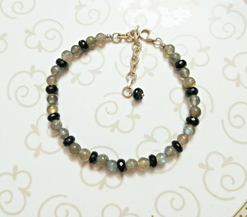 Natural Labradorite With Black Spinel Gemstone Bead 925 Sterling Silver Bracelet - Image 1 of 2