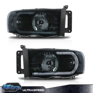Smoke/Black LED Tube DRL Headlights Fit For 2002-2005 Dodge Ram 1500 2500 3500 - Picture 1 of 12