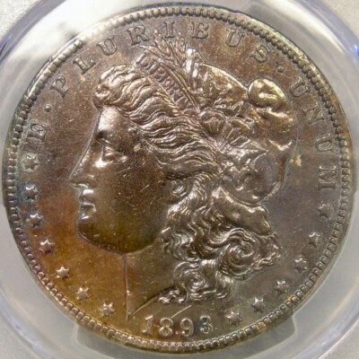 1893 CC MORGAN SILVER DOLLAR VERY SCARCE BEAUTIFUL RAINBOW TONES PCGS XF DETAILS - Image 1 of 4