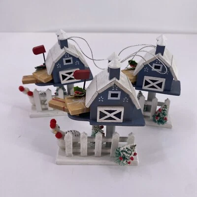 3 adornos de madera vintage Kurt Adler azul granero pollo granja árboles buzón 1986 Foto 1 de 4