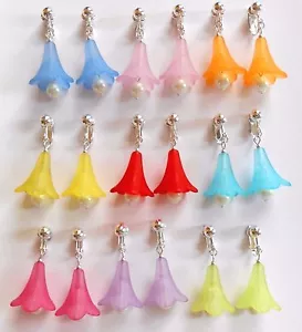 SUMMER FUN - COLOURFUL FLOWER & PEARL DANGLES - CLIP ON EARRINGS (hook options) - Picture 1 of 12