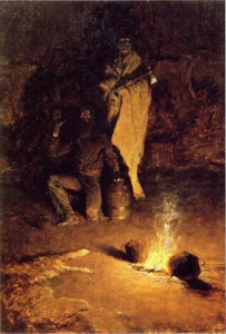 Oil painting Frederic-Remington-Guard-of-the-Whiskey-Trader man at night canvas - Picture 1 of 1