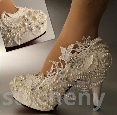 su.cheny 3" 4 " heel white ivory lace pearls Wedding shoes pumps bride size 5-11 - Image 1 of 4