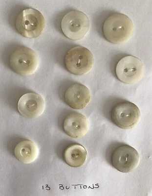 13 Vintage Mother Of Pearl/Natural 2-Hole Sew Through Buttons - Fair Condition - Image 1 of 4