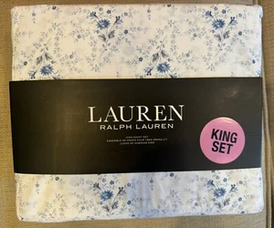 Ralph Lauren King Sheets 4Pc Sheet Set Blue & White Mini Floral Country Cottage - Picture 1 of 6