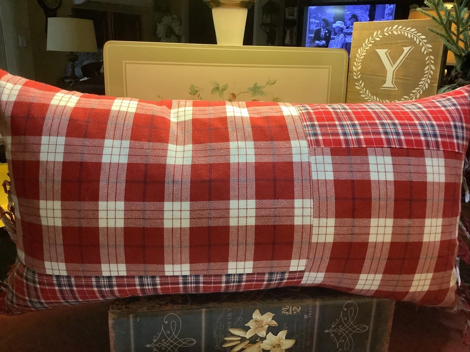 425 South Los Angeles~25 x 13 Bolster Pillow~Down Fill Insert~Red/Navy Checks~ - Image 1 of 4