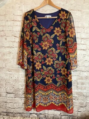 Madison Leigh Dress Womens 14 Shift Dark Navy & Rust Florals Slit Sleeve Shift - Image 1 of 4