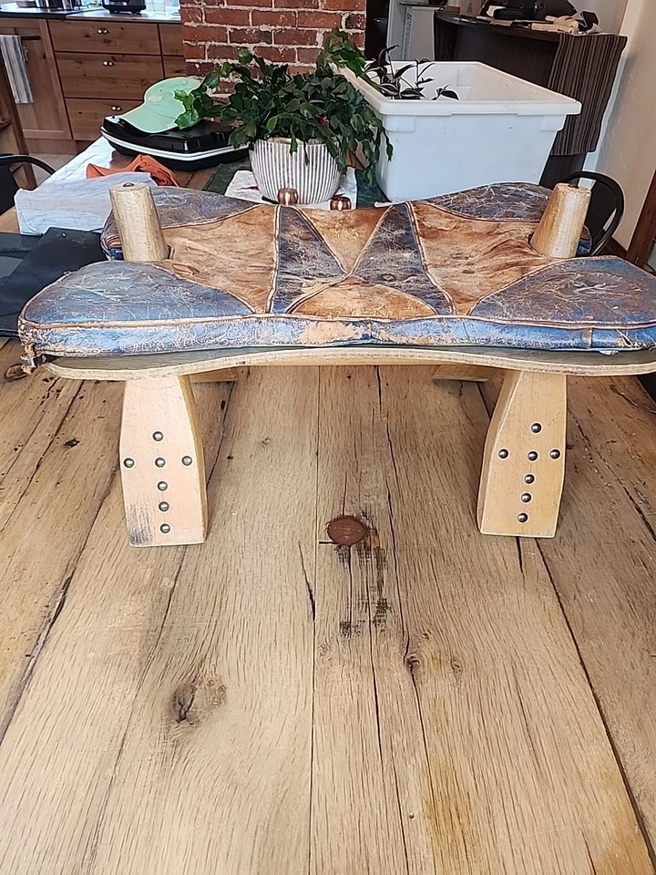 De Colección Egipcio Camel Asiento Otomano Pie Taburete Cuero Azul Madera Banco Foto 1 de 4