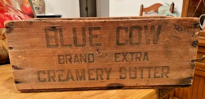 Vintage Wooden Butter Box BLUE COW Primitive Farmhouse Decor Creamery Dairy - Image 1 of 4