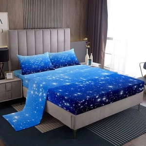 Blue Glitter Fitted Sheet Twin for Boys Girls, Sparkle Galaxy Twinkle Starlig... - Picture 1 of 5