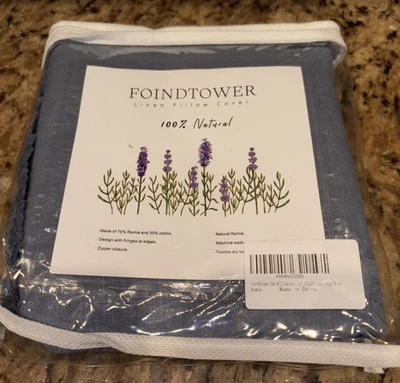 18x18 Foindtower Set of 2 BLUE  Linen Fringe Throw Pillow Covers Cozy Boho - Image 1 of 4