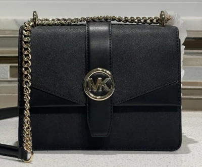 MICHAEL KORS GREENWICH SMALL FLAP CROSSBODY MK CHAIN BAG TOTE BLACK LEATHER GOLD - Image 1 of 4