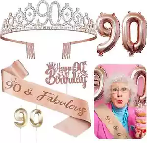 90th Birthday Decorations for Her - 5pcs Gifts Including Tiara Rose Gold - Picture 1 of 6