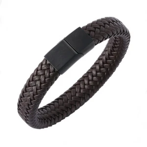 Top Men's Huge 12MM Braided Leather Stainless Steel Bracelet Magnetic Rope Wrist - Picture 1 of 6