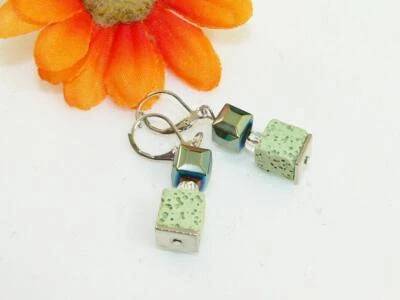 Ohrring Ohrschmuck Ohrhänger  Lava grün peridot Hämatit petrol Edelstahl 113c - Bild 1 von 4