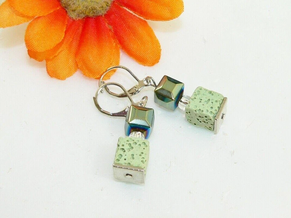 Ohrring Ohrschmuck Ohrhänger  Lava grün peridot Hämatit petrol Edelstahl 113c - Bild 1 von 4