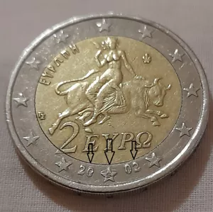 ERROR! Famous 2 Euro 2002 (S) Greece! Doubled Die Obverse! RRR - Picture 1 of 6