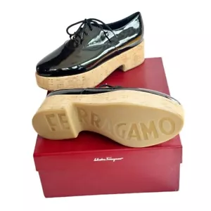 Ferragamo Women's Viviane Platform Patent Leather Oxfords on laces 8C - Picture 1 of 5