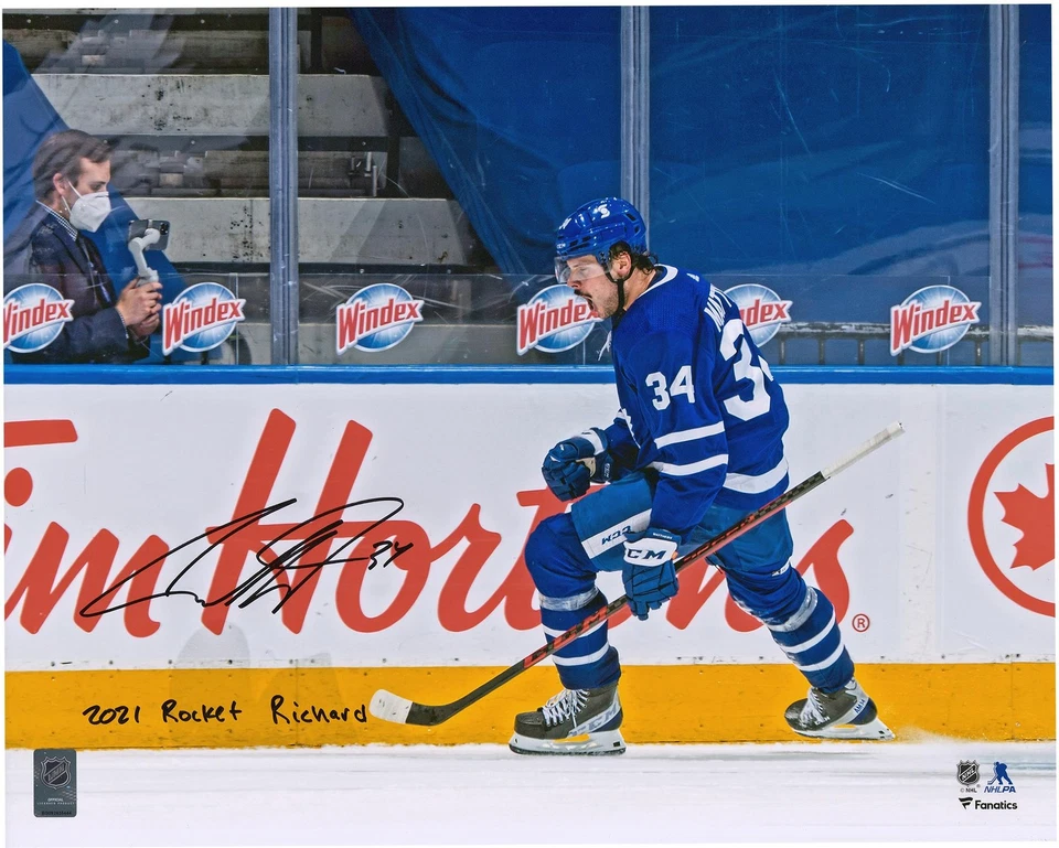 Auston Matthews Maple Leafs Signed 16x20 Celebration Photo w/Rocket Richard Insc - Image 1 of 1