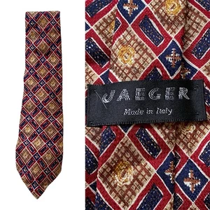 JAEGER 100% Silk Tie Red Gold Check Designer Necktie Made In Italy - Picture 1 of 7