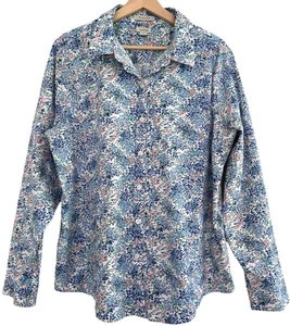 LL Bean Floral Wrinkle Free Blouse XL Button Up Cotton Blue No Iron Cottagecore - Picture 1 of 18