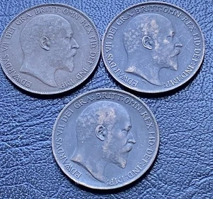 Edward VII Pennies (3) Better Grades, 1907, 1908 & 1910 Bronze Coins #D14 - Picture 1 of 8