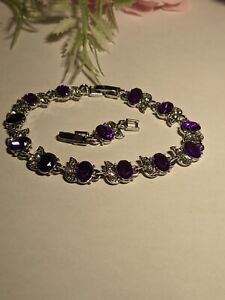 Silver tone Lab Created  Purple Amethyst & AAA CZ Tennis Bracelet