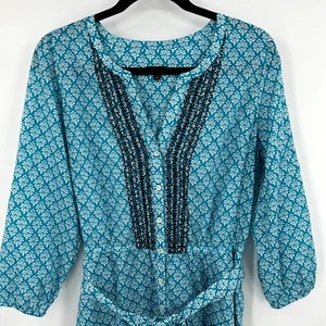 Talbots Fit & Flare Dress Womens 10 Blue Floral Embroidered Tie Waist 3/4 Sleeve - Picture 1 of 11