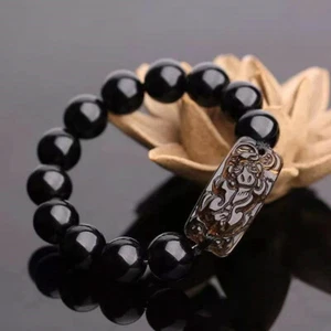 Luck Wealth Stretch Bracelet Bead Feng Shui Obsidian Wristband Chinese Pi Xiu - Picture 1 of 6