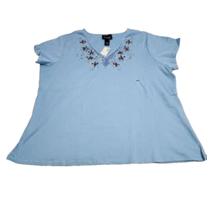Avenue Women Sz 18/20 Blue Short Sleeve T Shirt Beaded Crochet Style 0613 Cotton - Picture 1 of 8