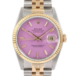 ROLEX DATEJUST 16013 GOLD & STEEL 36MM WATCH PINK STICK DIAL 18K FLUTED BEZEL - Picture 1 of 10