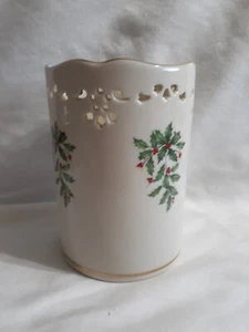 Lenox Holiday Pierced Gold Trimmed Pillar Candle Holder Large Holly - Picture 1 of 6