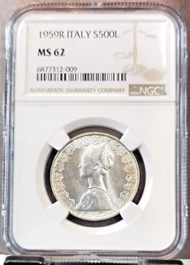 1959 ITALY SILVER 500 LIRE S500L RENAISSANCE WOMAN NGC MS 62 RARE MINT STATE - Picture 1 of 3