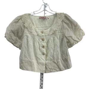 Juicy Couture White Women's Ruffled Poet Babydoll Linen Blouse, Size 4, Preowned - Picture 1 of 5