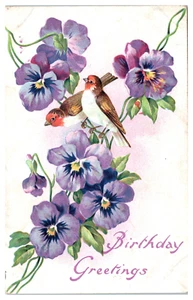 Cartolina auguri compleanno uccellini su gigli in rilievo spedita 1909 DB Germania - Foto 1 di 2