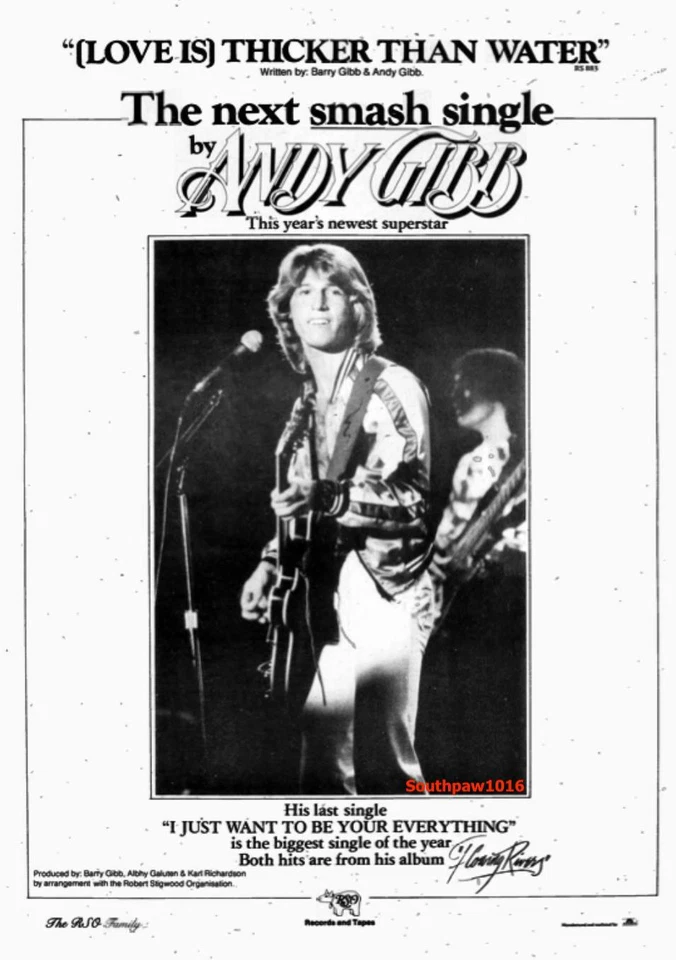 1977 Andy Gibb "(Love Is) Thicker Than Water"  Release Industry Promo Reprint Ad - Image 1 of 1