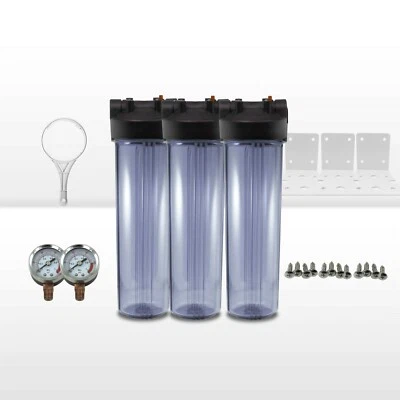 MAX WATER 3 x 20" x 4.5" Big Blue Clear WH Filter Housing 1" Ports W/ Pressure Gauge