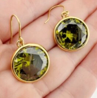 J Crew Green Round Glass Crystal Bezel Drop Gold Earrings - Image 1 of 4