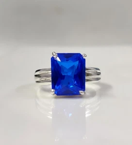 925 Sterling Silver Ring Octagon Cut Blue Sapphire Lab Grown Stone Handmade - Picture 1 of 11