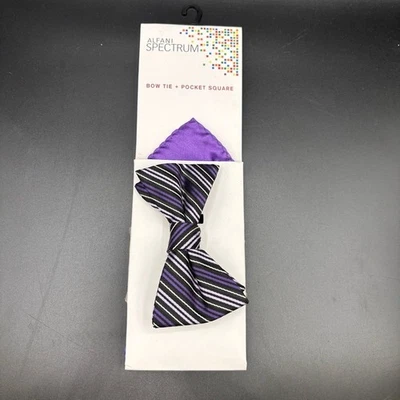 NWT Alfani Spectrum Men's Bow Tie + Pocket Square Purple Black Adam Stripe - Image 1 of 3
