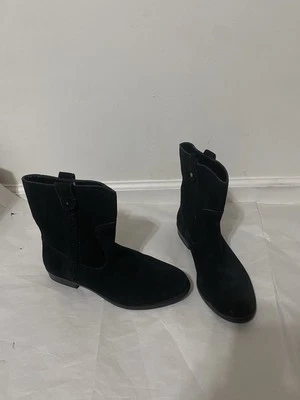 贝斯鞋麂皮绒黑色皮革踝靴 6 码辛迪西部女牛仔  — 第 1/4 张图片