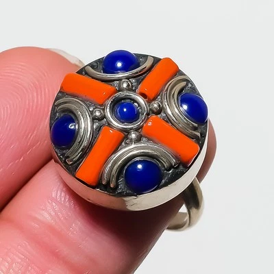 Anillo ajustable de piedras preciosas de coral rojo lapislázuli joyería nepalí tibetana sin precio base 3276 Foto 1 de 4