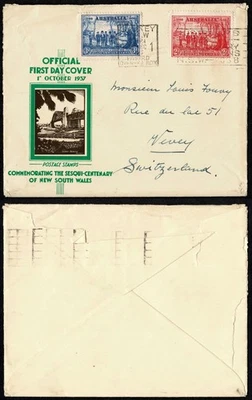 Australia 1937 FDC, Sesqui Centenary NSW, Sydney to Vevey, Switzerland - Image 1 of 3
