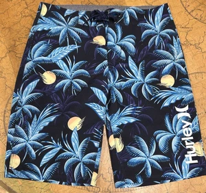 Hurley Swimming Trunks Boys XL Blue Palm Trees Moon Drawstring Pocket size 28 - Picture 1 of 12