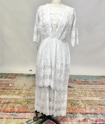 Antique Victorian Edwardian White Cotton Tea Dress Floral Embroidery Lace Detail - Image 1 of 4