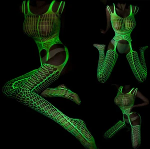 Sexy Womens Luminous Fishnet Crotchless Bodysuit Babydoll Lingerie Stocking + я - Picture 1 of 12