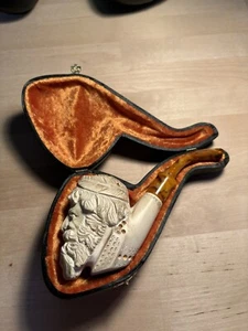 Hilmi Cay Block Meerschaum Estate Pipe Bent Billiard Carved Man W/ Fitted Case - Picture 1 of 20
