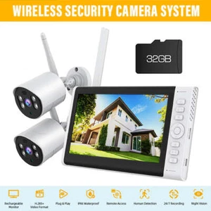 FUNK Überwachungskamera Set AUßEN Videoüberwachung Monitor WLAN 2x 1080P Kameras - Bild 1 von 8