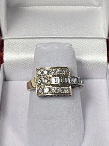 14k Gold Belt Buckle Design Ring With Round And Baguette Diamonds - Picture 1 of 11