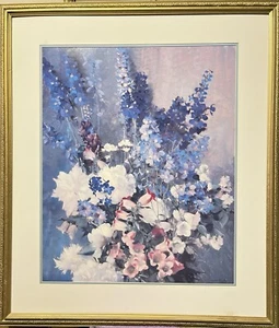 Laura Combs Hills Druck Larkspur Pfingstrosen und Canterbury Glocken 37 x 32 - Bild 1 von 3